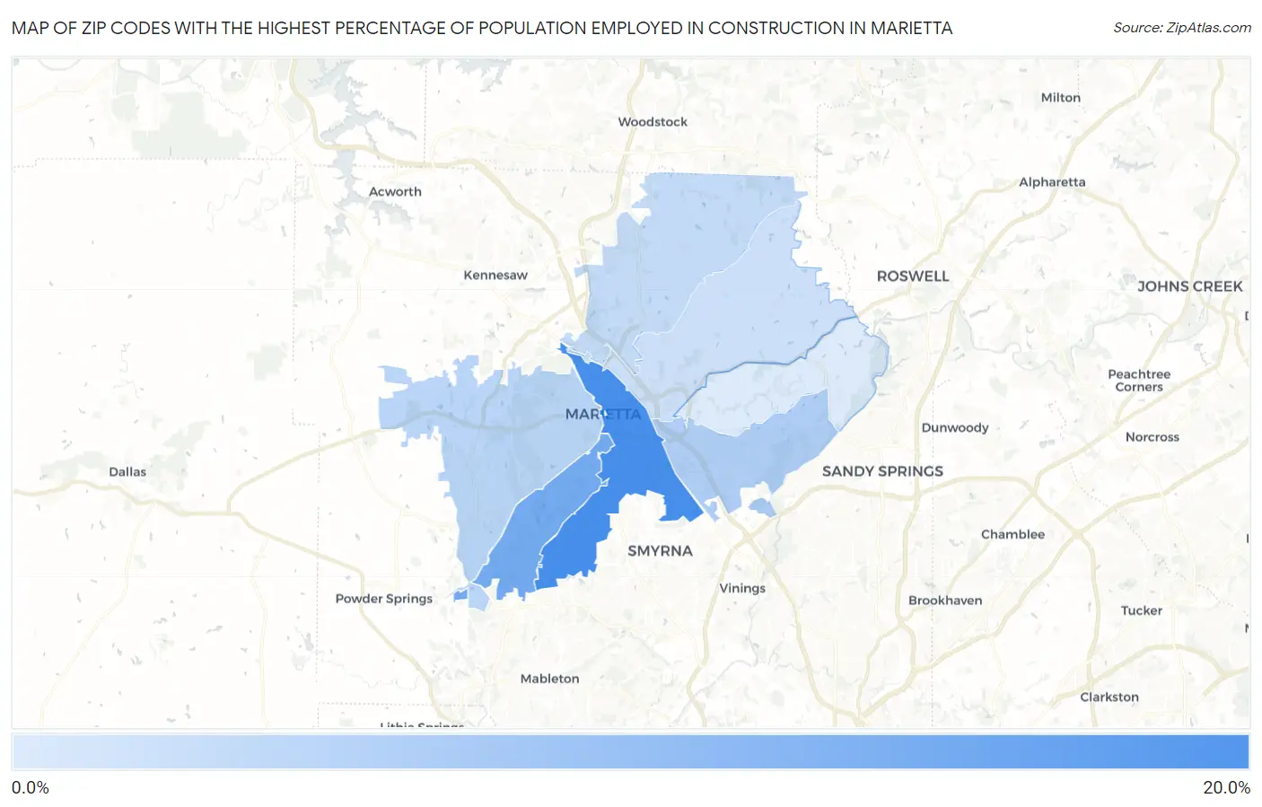 Zip Codes with the Highest Percentage of Population Employed in Construction in Marietta Map