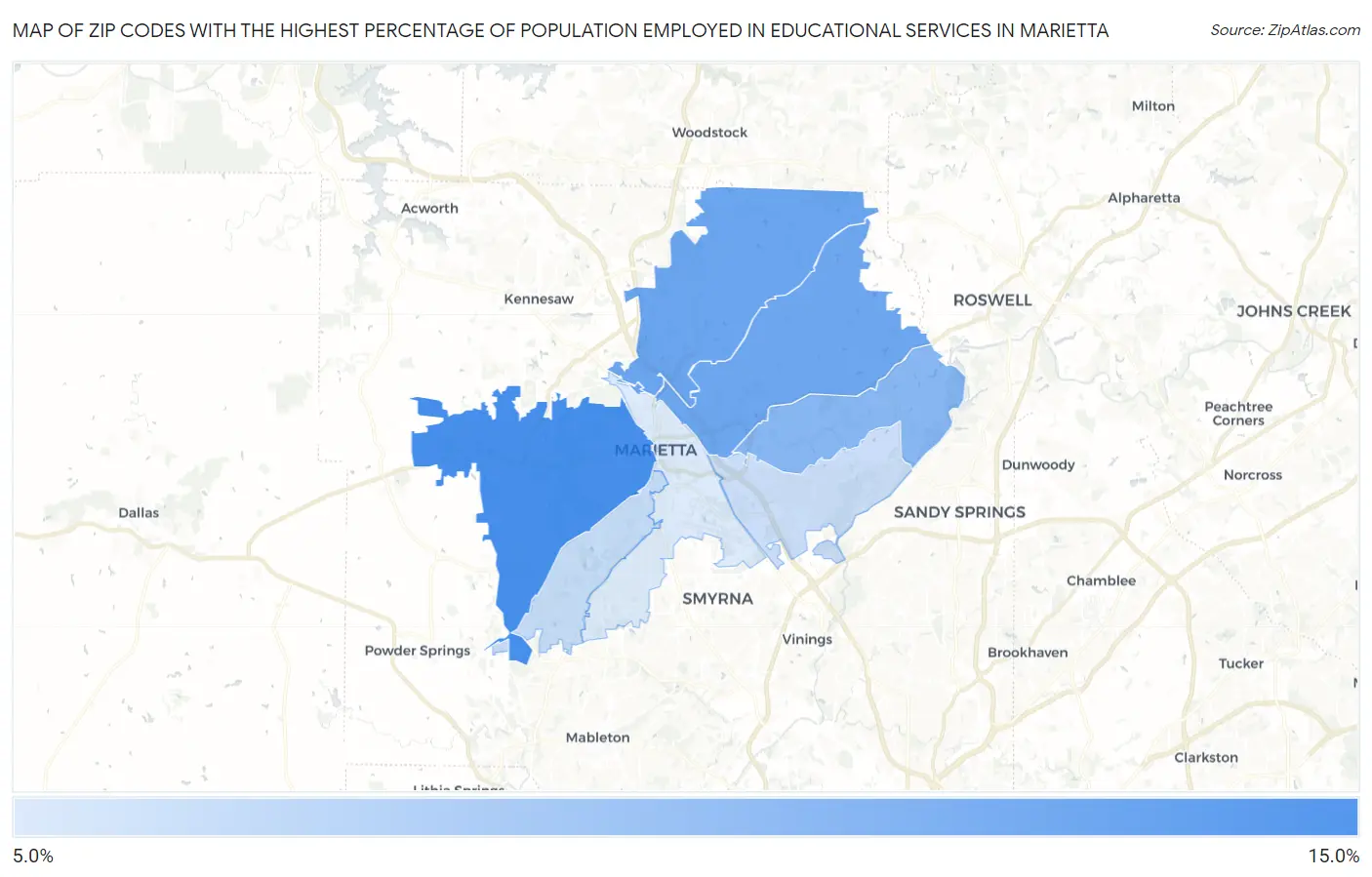 Zip Codes with the Highest Percentage of Population Employed in Educational Services in Marietta Map