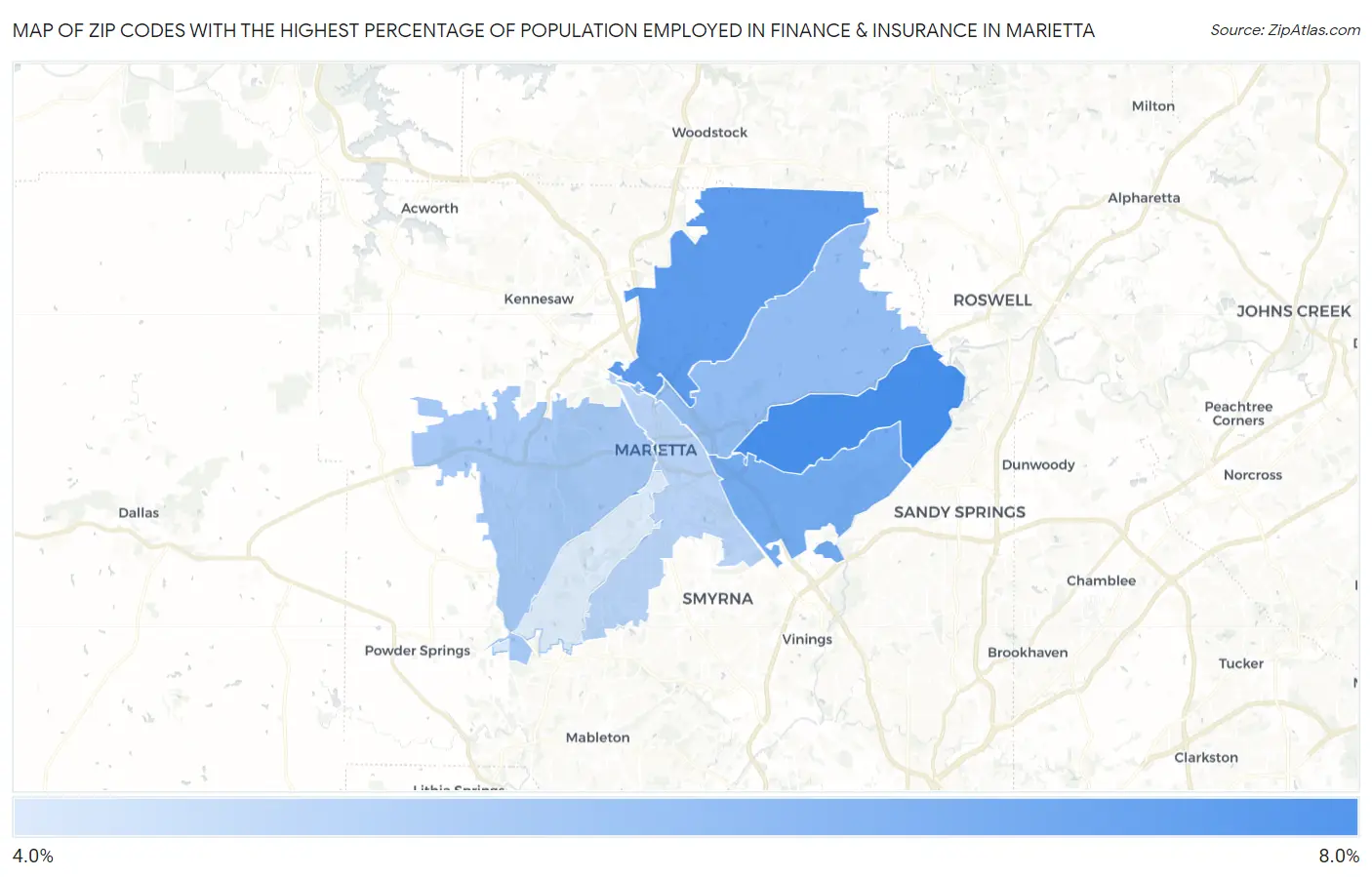 Zip Codes with the Highest Percentage of Population Employed in Finance & Insurance in Marietta Map