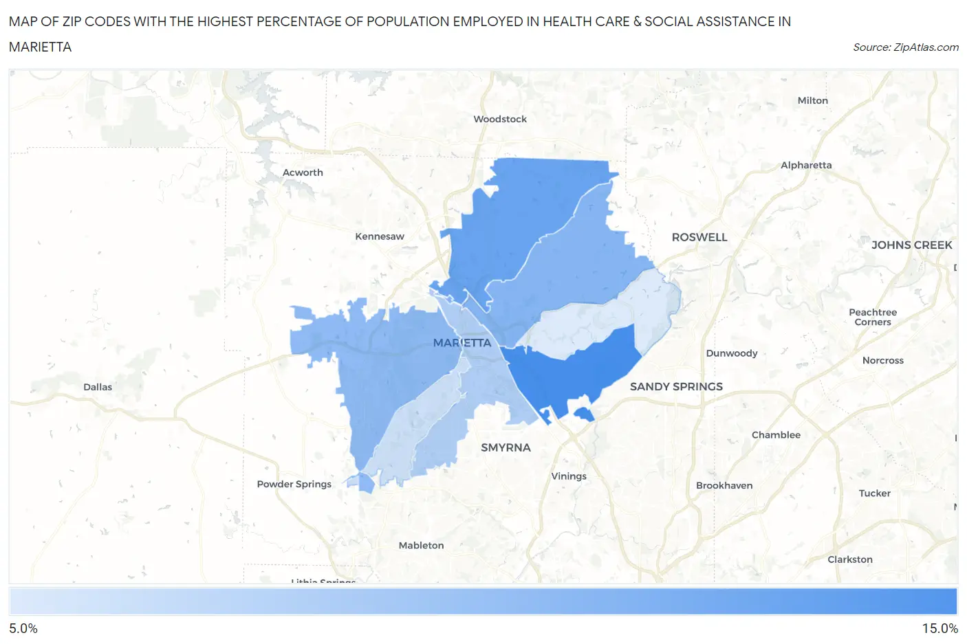 Zip Codes with the Highest Percentage of Population Employed in Health Care & Social Assistance in Marietta Map