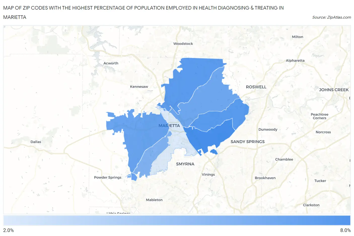 Zip Codes with the Highest Percentage of Population Employed in Health Diagnosing & Treating in Marietta Map