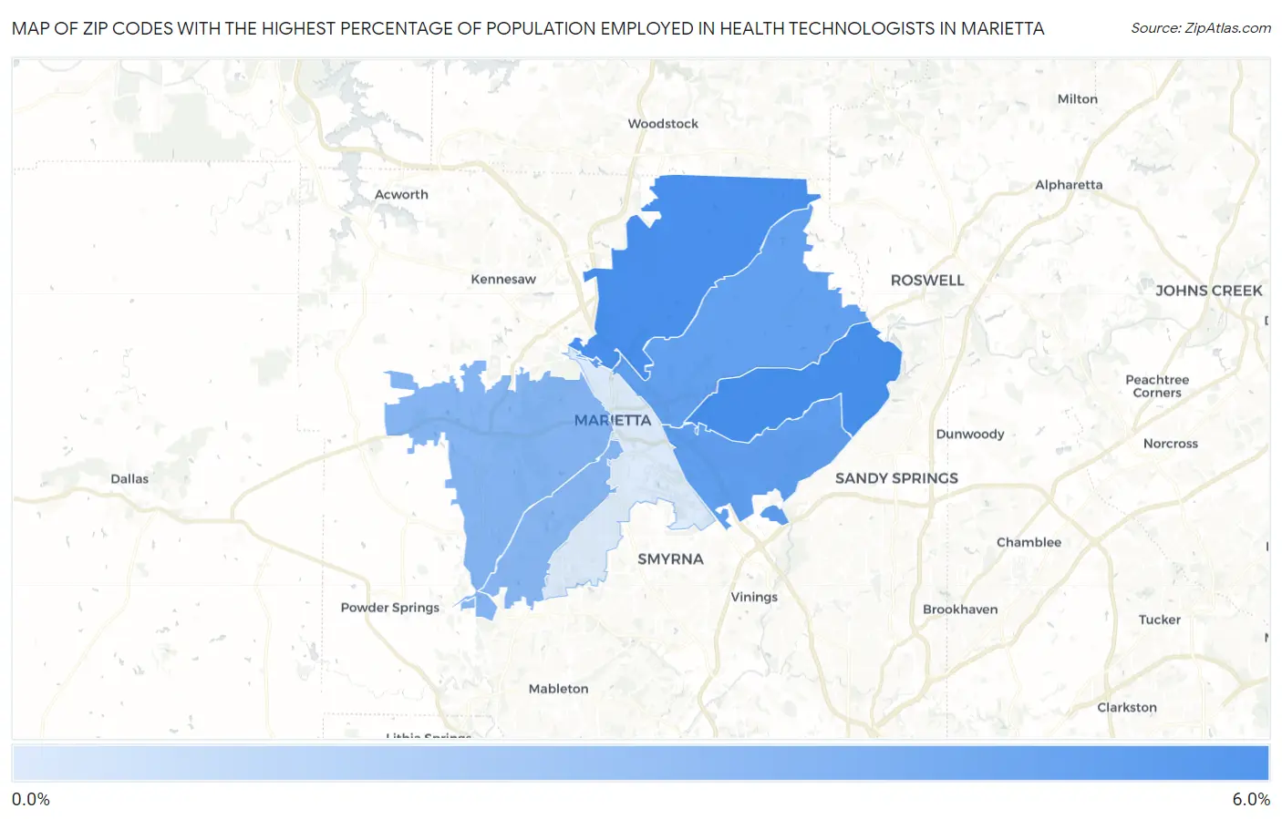 Zip Codes with the Highest Percentage of Population Employed in Health Technologists in Marietta Map