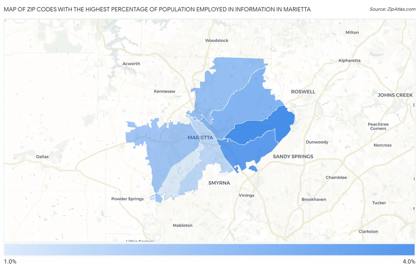 Zip Codes with the Highest Percentage of Population Employed in Information in Marietta Map