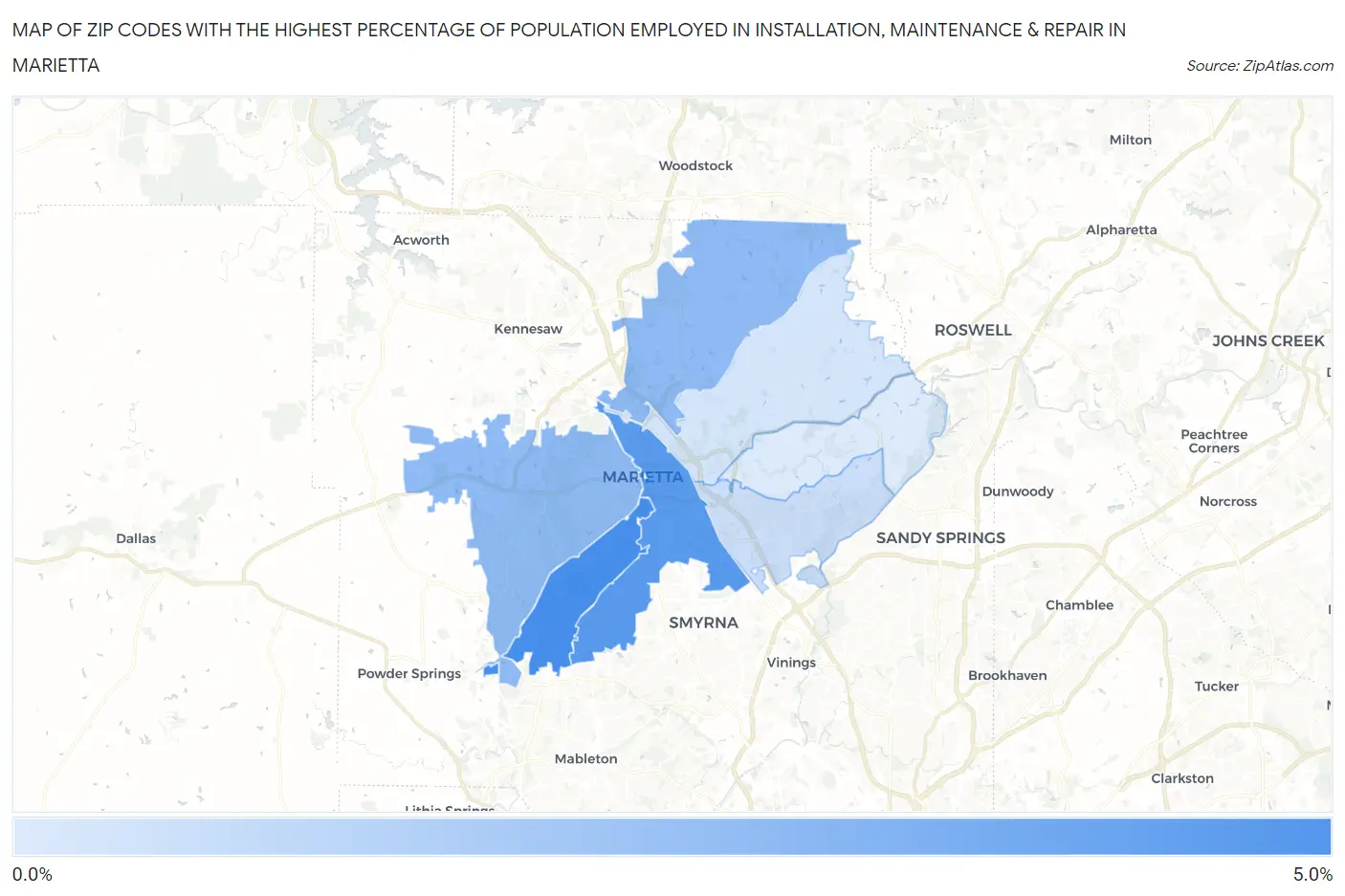 Zip Codes with the Highest Percentage of Population Employed in Installation, Maintenance & Repair in Marietta Map