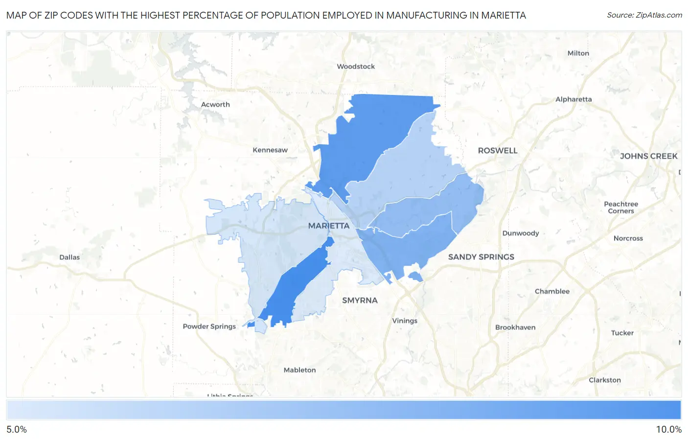 Zip Codes with the Highest Percentage of Population Employed in Manufacturing in Marietta Map