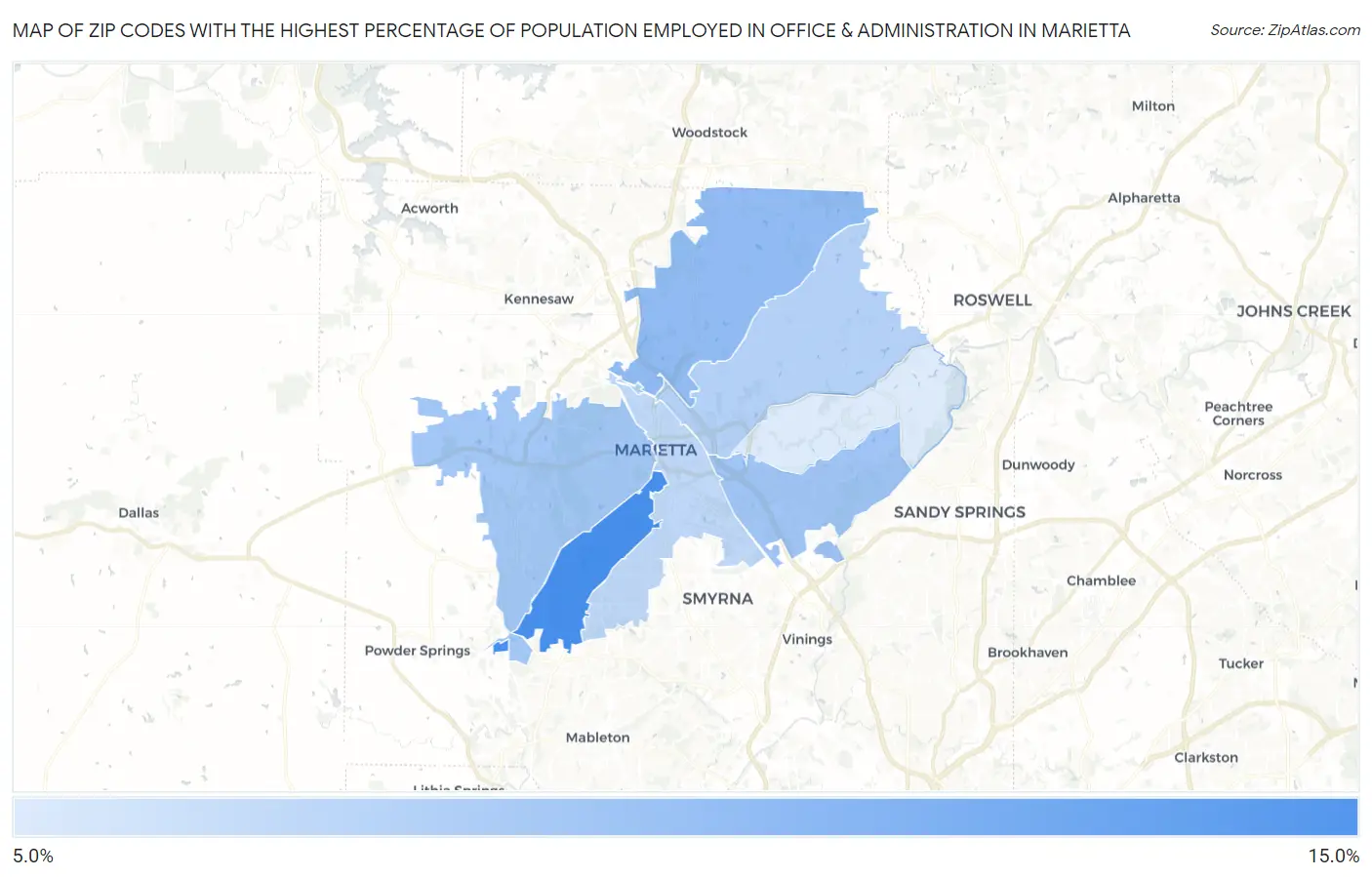 Zip Codes with the Highest Percentage of Population Employed in Office & Administration in Marietta Map