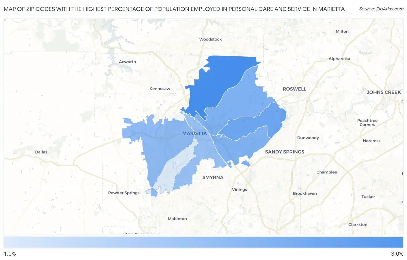 Zip Codes with the Highest Percentage of Population Employed in Personal Care and Service in Marietta Map