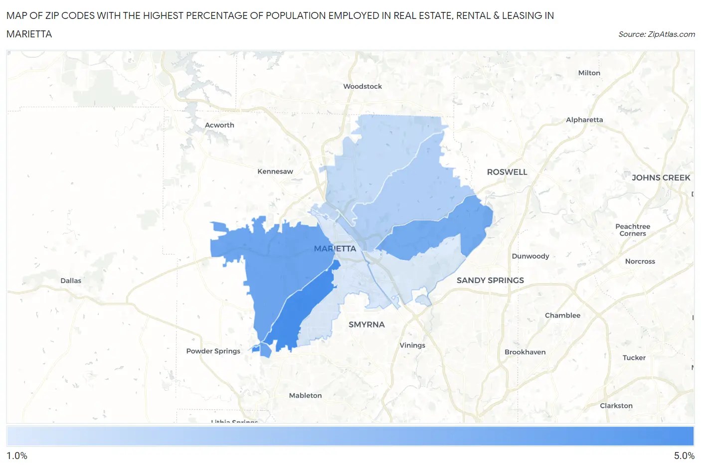 Zip Codes with the Highest Percentage of Population Employed in Real Estate, Rental & Leasing in Marietta Map