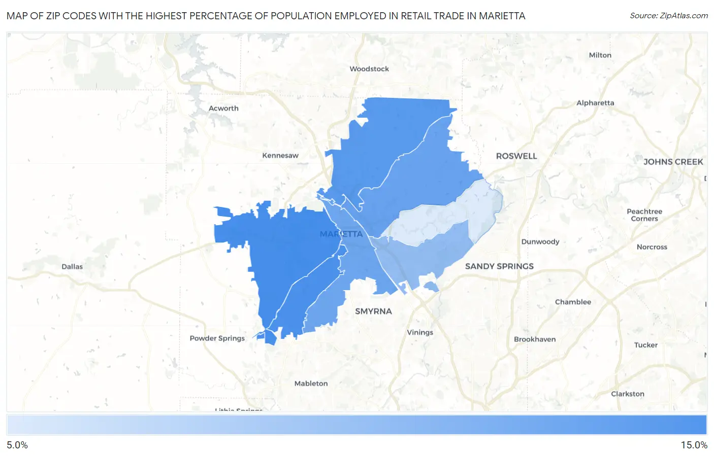 Zip Codes with the Highest Percentage of Population Employed in Retail Trade in Marietta Map