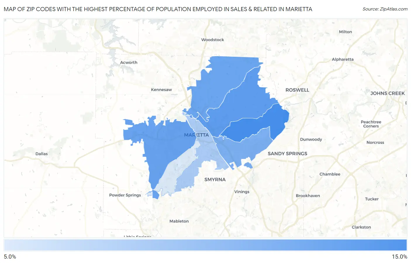 Zip Codes with the Highest Percentage of Population Employed in Sales & Related in Marietta Map