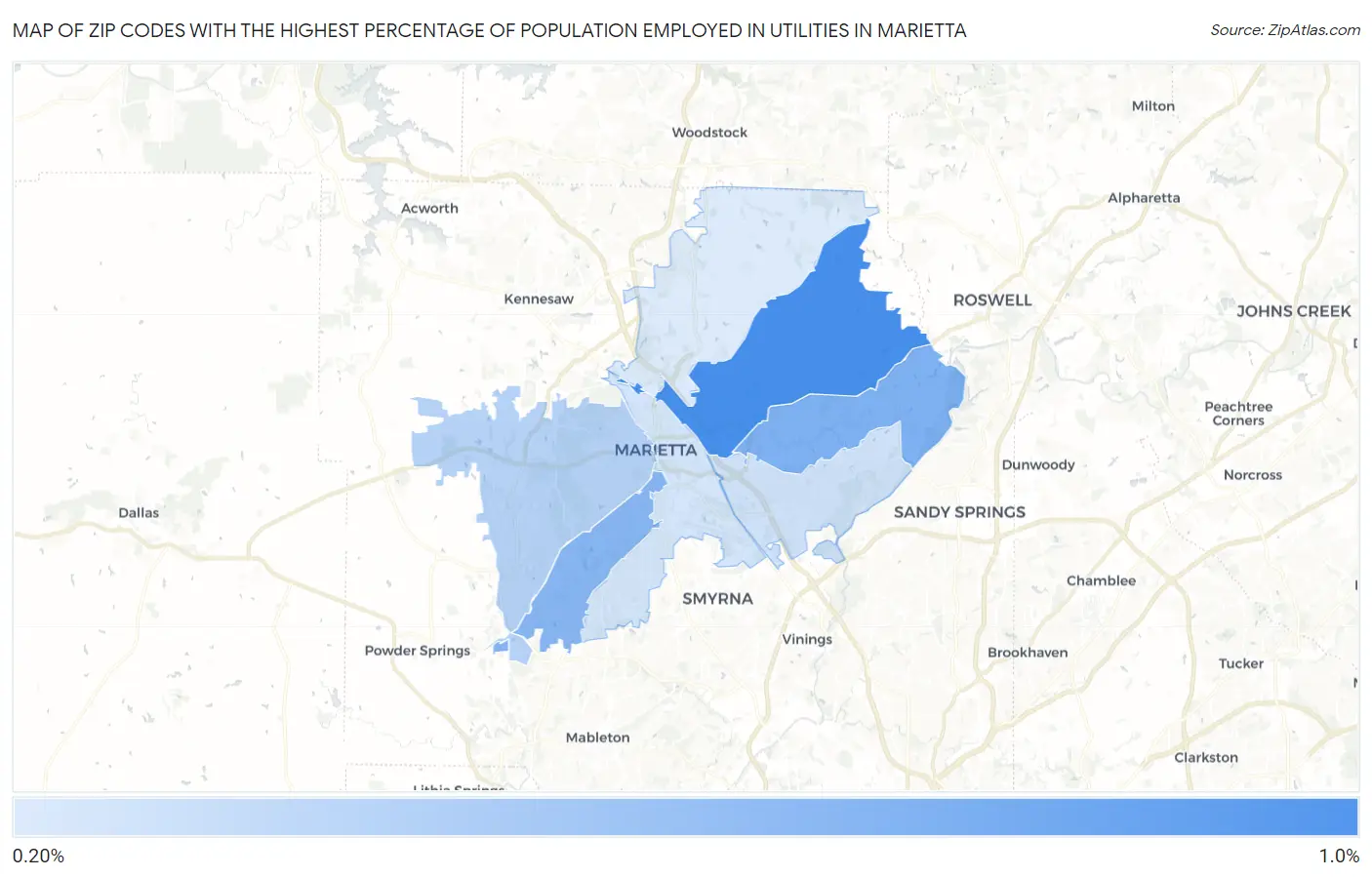 Zip Codes with the Highest Percentage of Population Employed in Utilities in Marietta Map