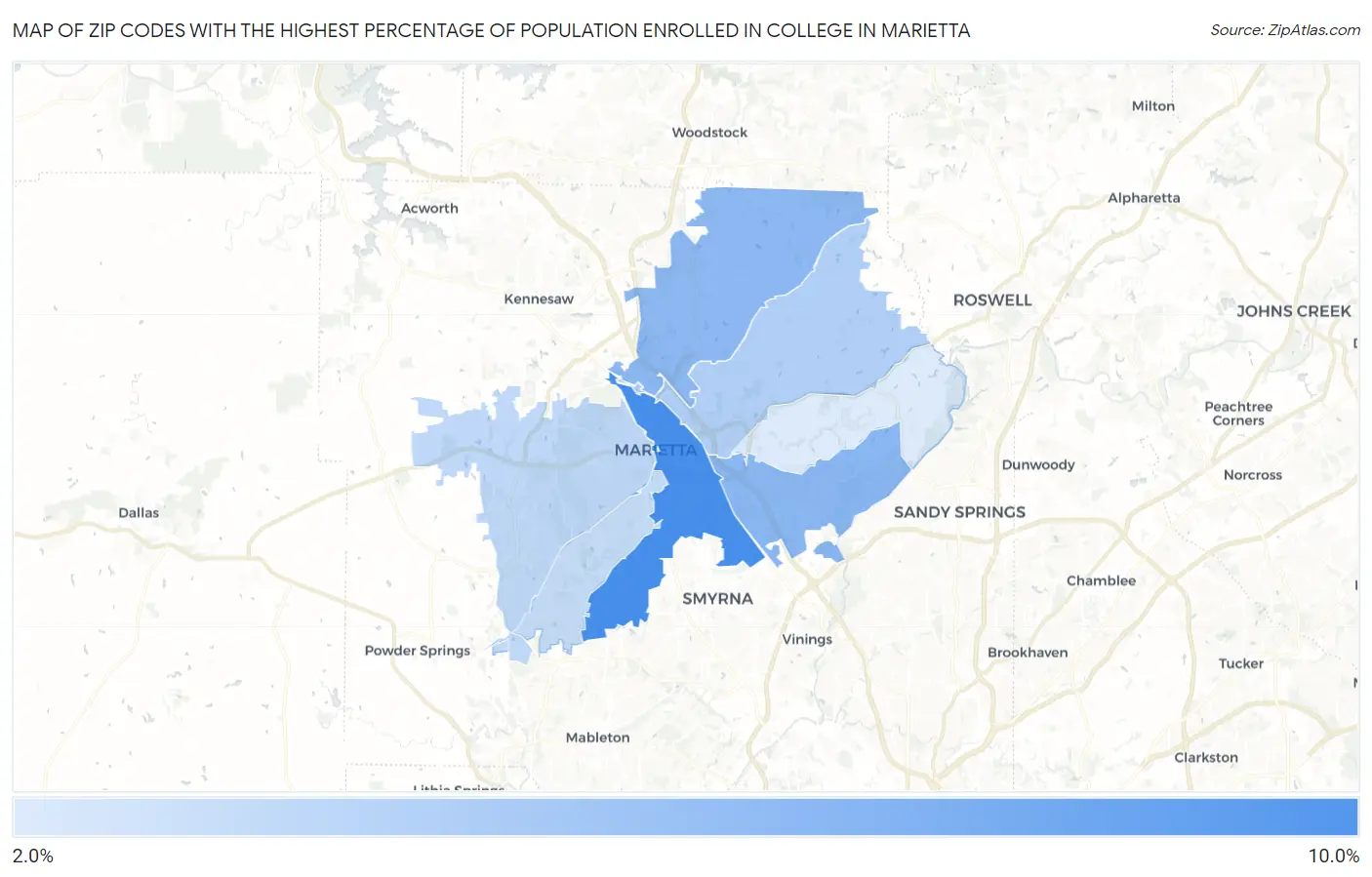 Zip Codes with the Highest Percentage of Population Enrolled in College in Marietta Map