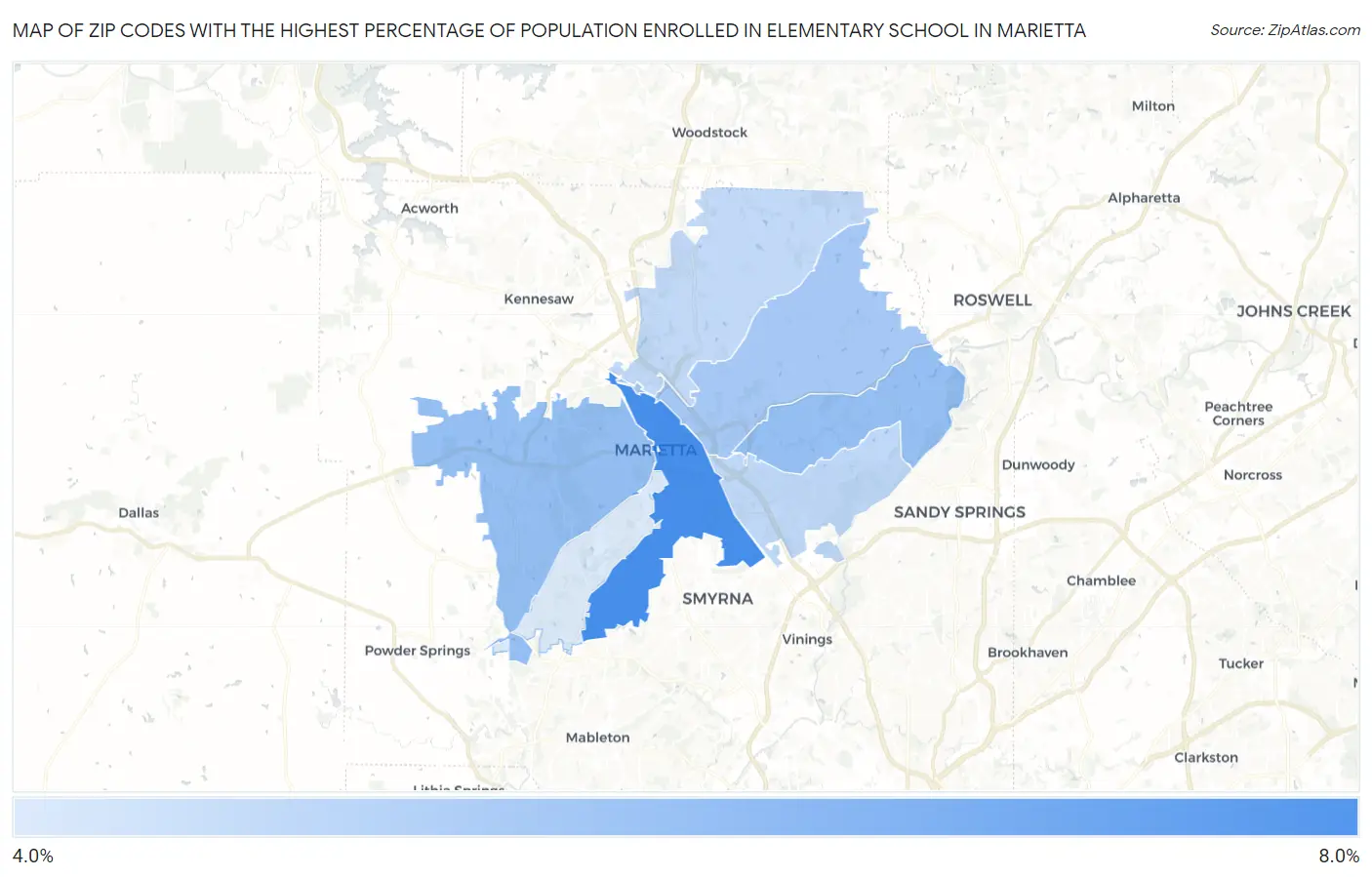 Zip Codes with the Highest Percentage of Population Enrolled in Elementary School in Marietta Map