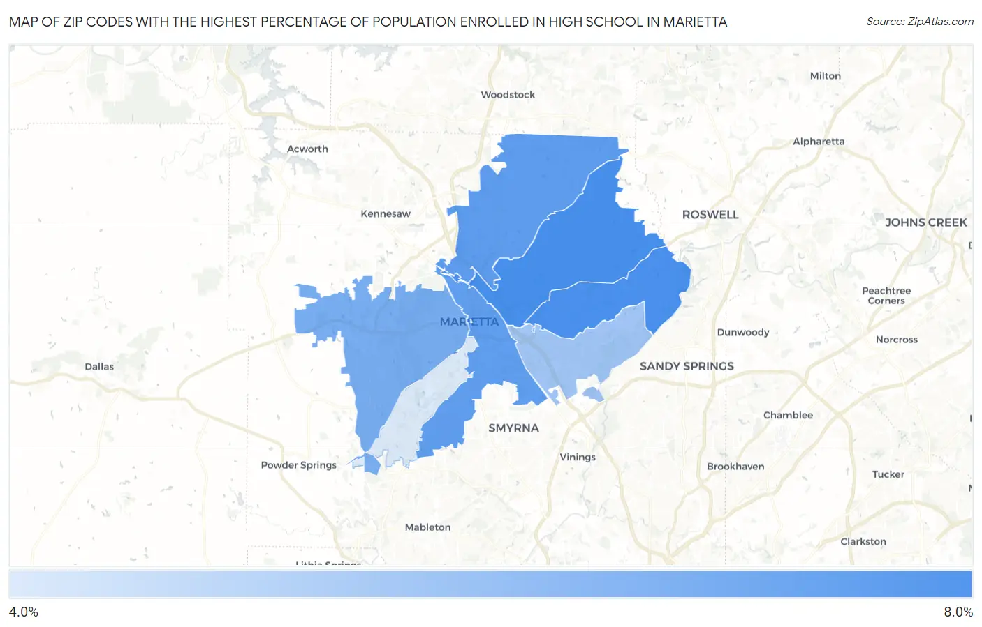 Zip Codes with the Highest Percentage of Population Enrolled in High School in Marietta Map