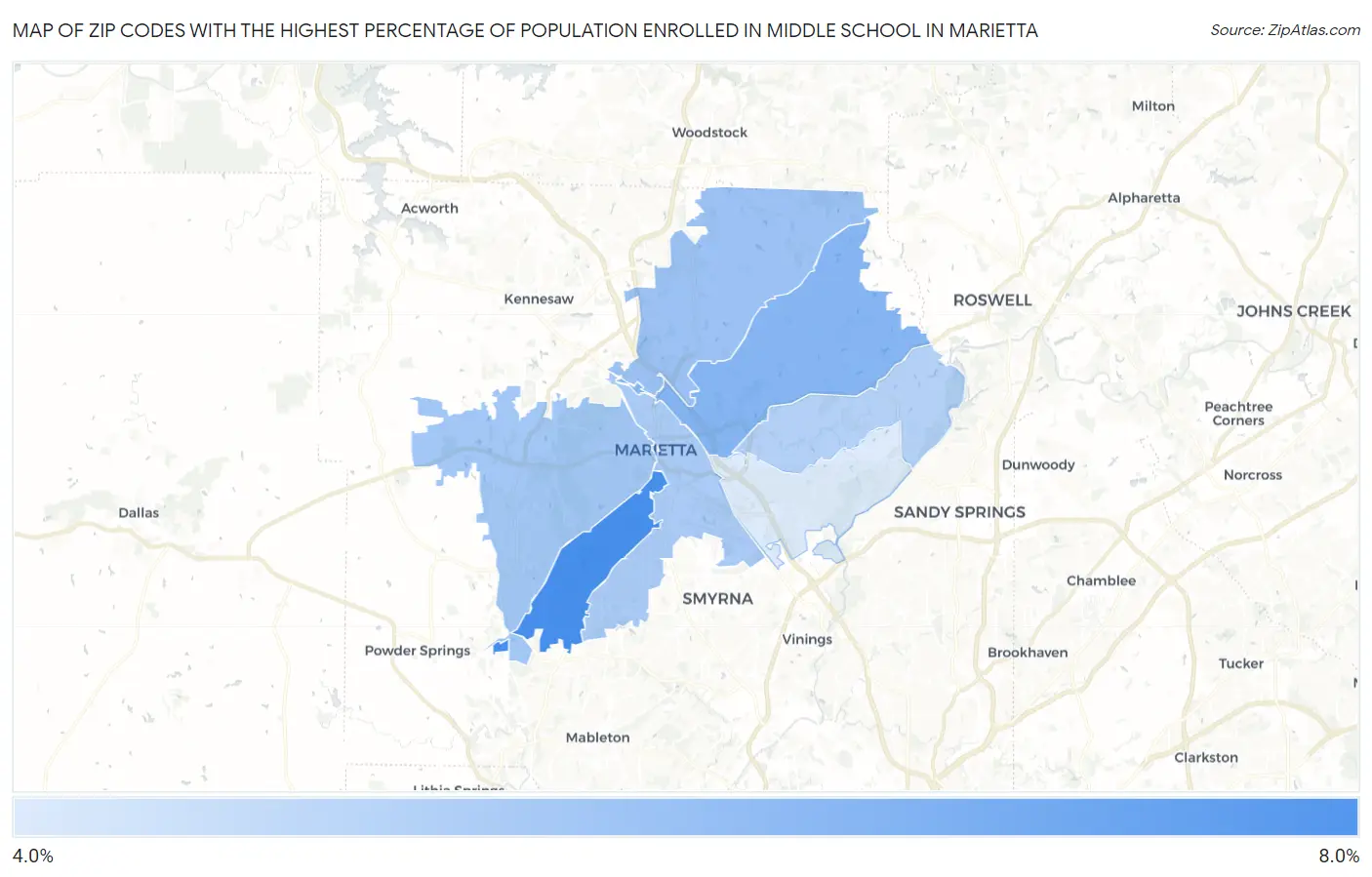Zip Codes with the Highest Percentage of Population Enrolled in Middle School in Marietta Map
