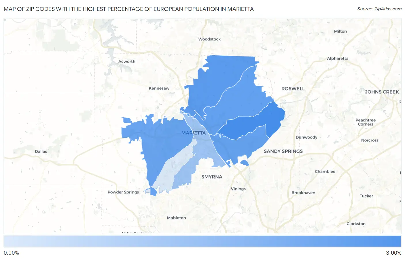 Zip Codes with the Highest Percentage of European Population in Marietta Map