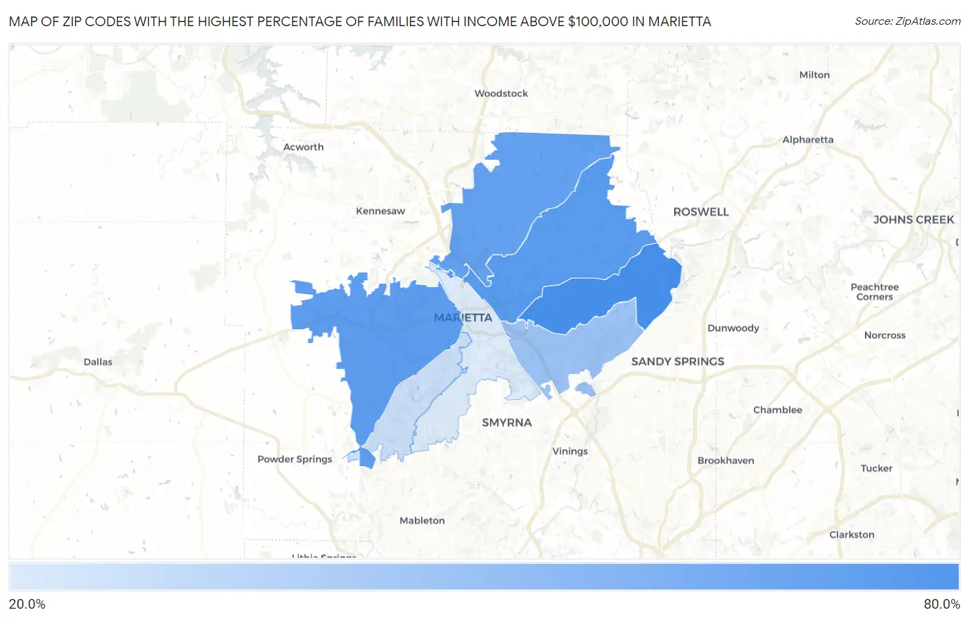 Zip Codes with the Highest Percentage of Families with Income Above $100,000 in Marietta Map