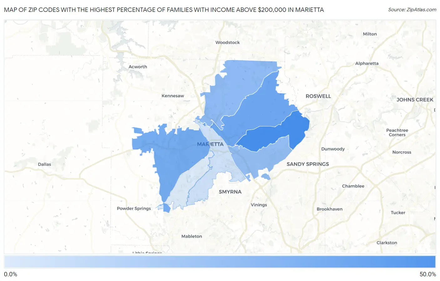 Zip Codes with the Highest Percentage of Families with Income Above $200,000 in Marietta Map