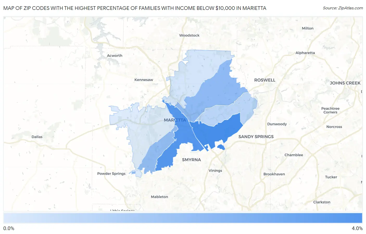 Zip Codes with the Highest Percentage of Families with Income Below $10,000 in Marietta Map