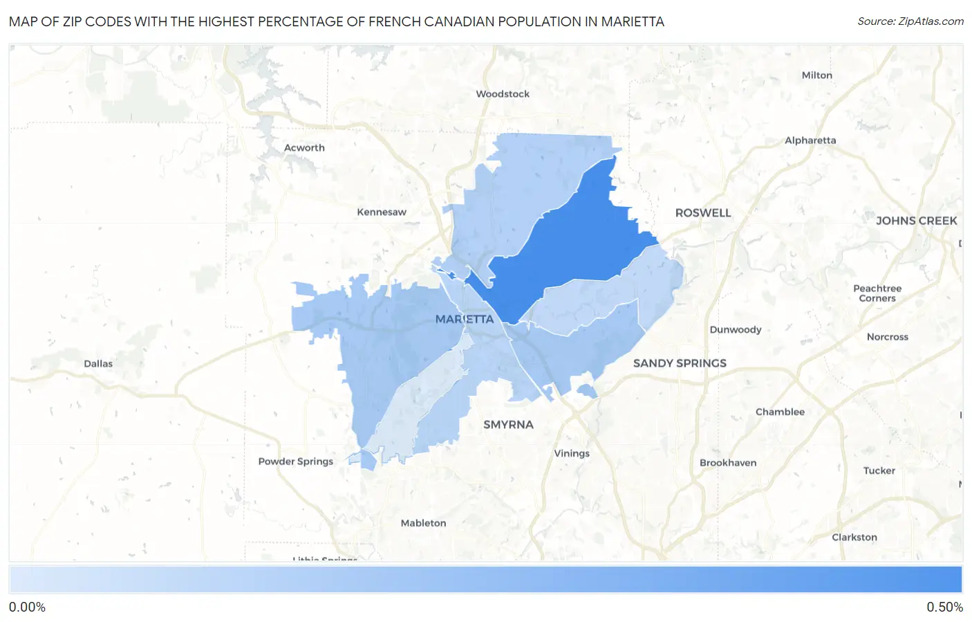 Zip Codes with the Highest Percentage of French Canadian Population in Marietta Map