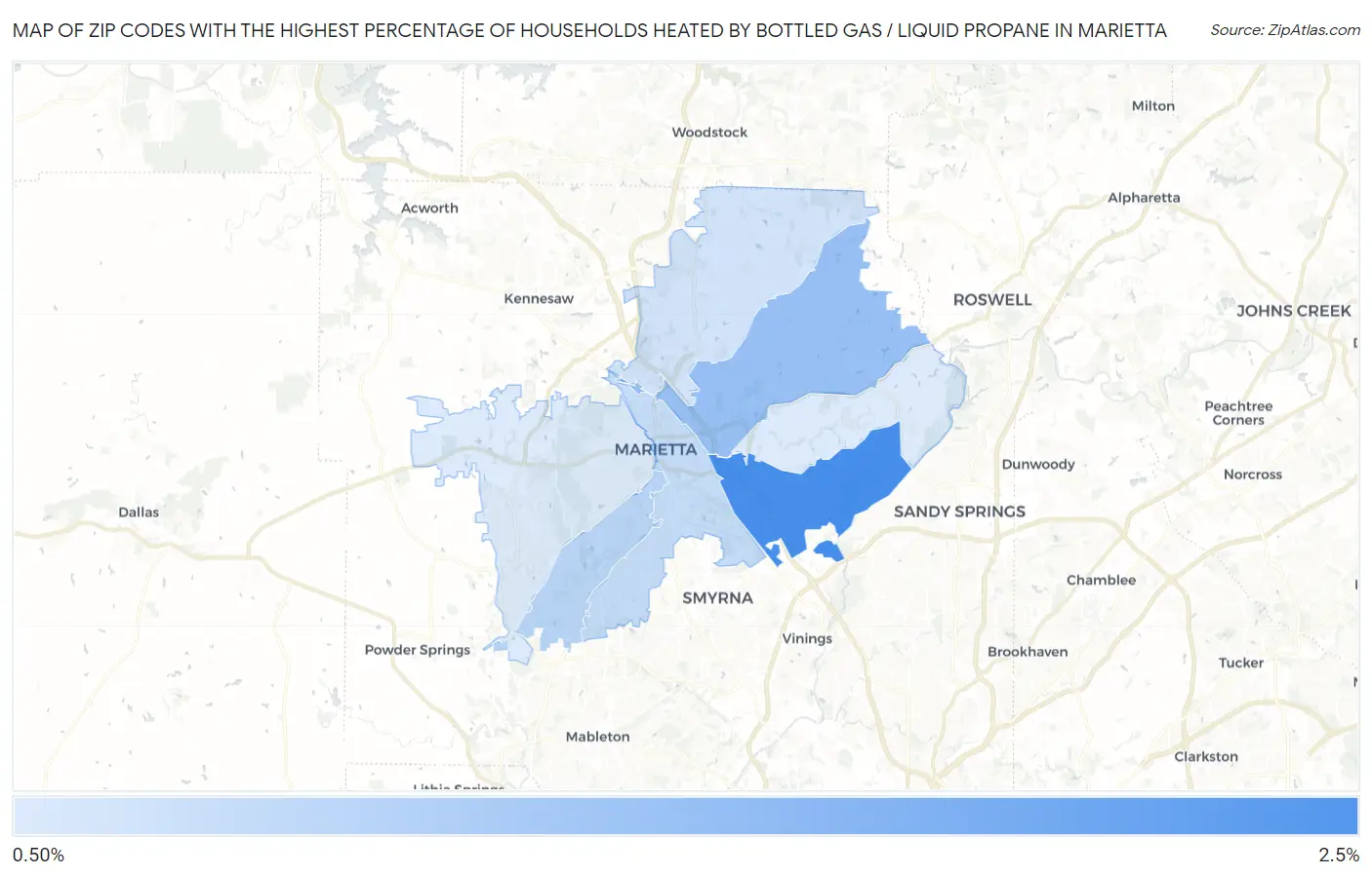 Zip Codes with the Highest Percentage of Households Heated by Bottled Gas / Liquid Propane in Marietta Map