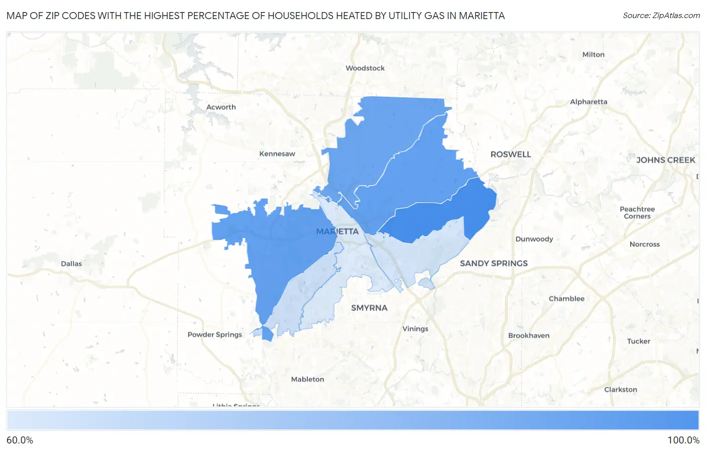 Zip Codes with the Highest Percentage of Households Heated by Utility Gas in Marietta Map