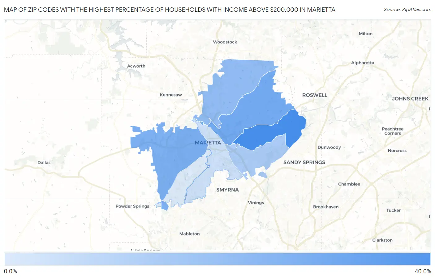 Zip Codes with the Highest Percentage of Households with Income Above $200,000 in Marietta Map