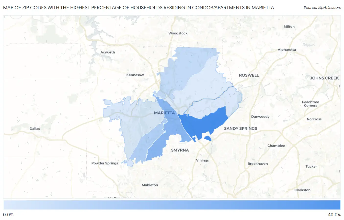 Zip Codes with the Highest Percentage of Households Residing in Condos/Apartments in Marietta Map