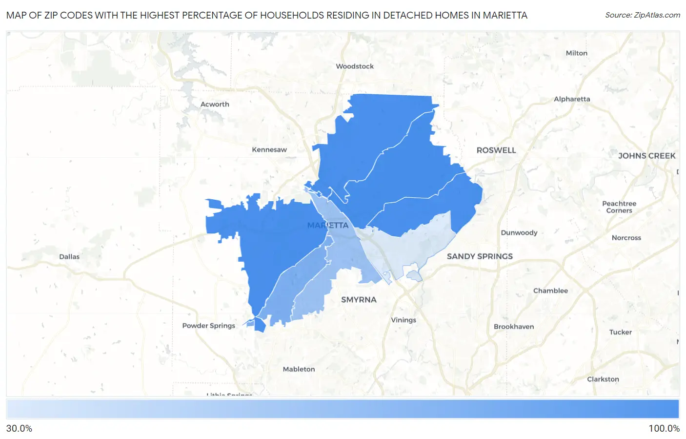 Zip Codes with the Highest Percentage of Households Residing in Detached Homes in Marietta Map