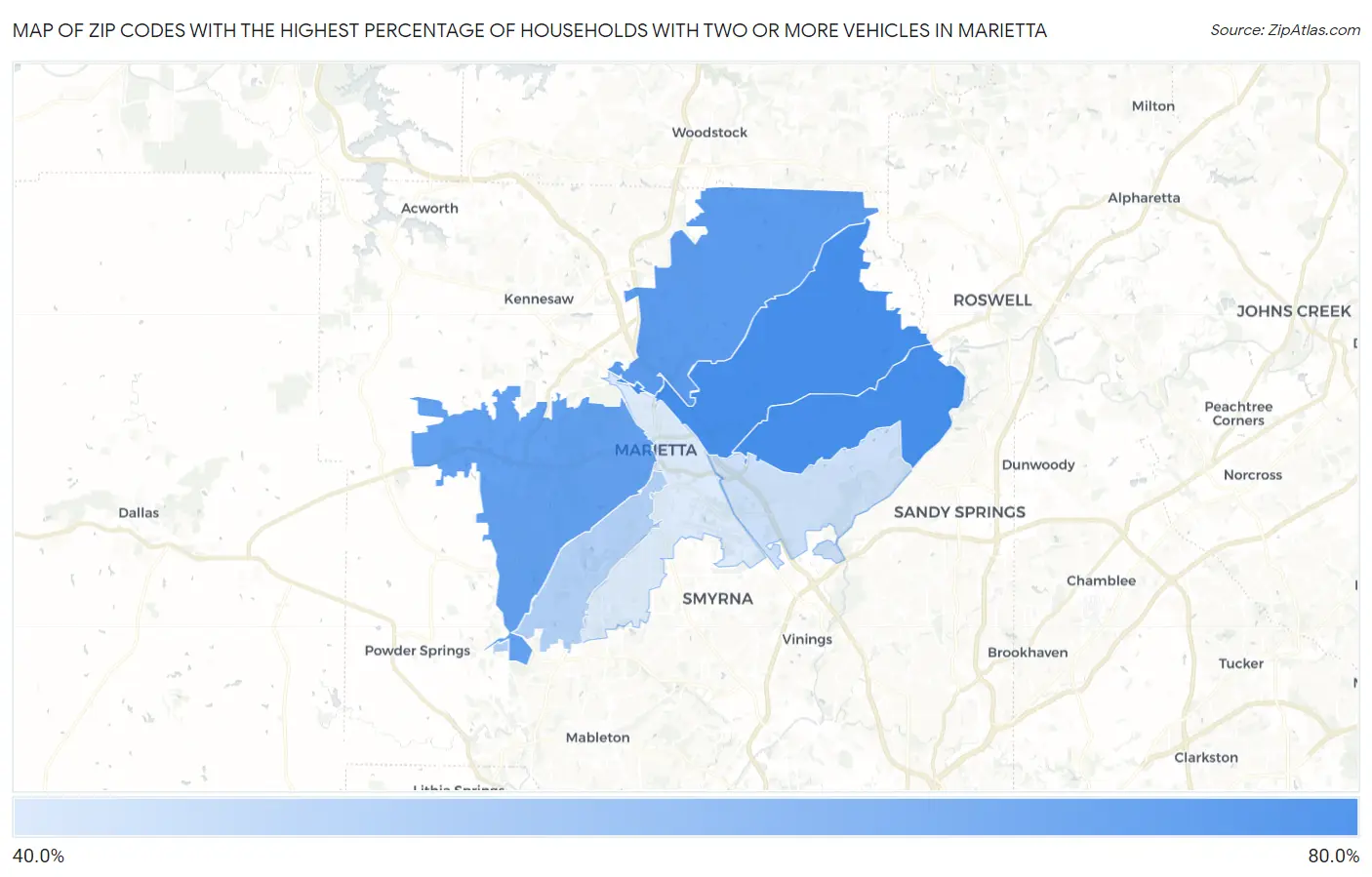 Zip Codes with the Highest Percentage of Households With Two or more Vehicles in Marietta Map