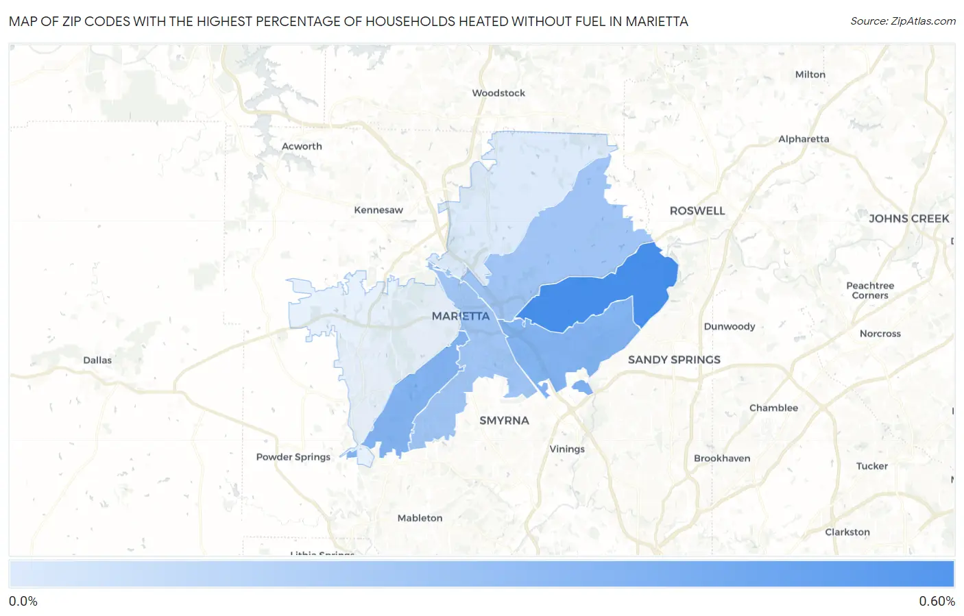 Zip Codes with the Highest Percentage of Households Heated without Fuel in Marietta Map