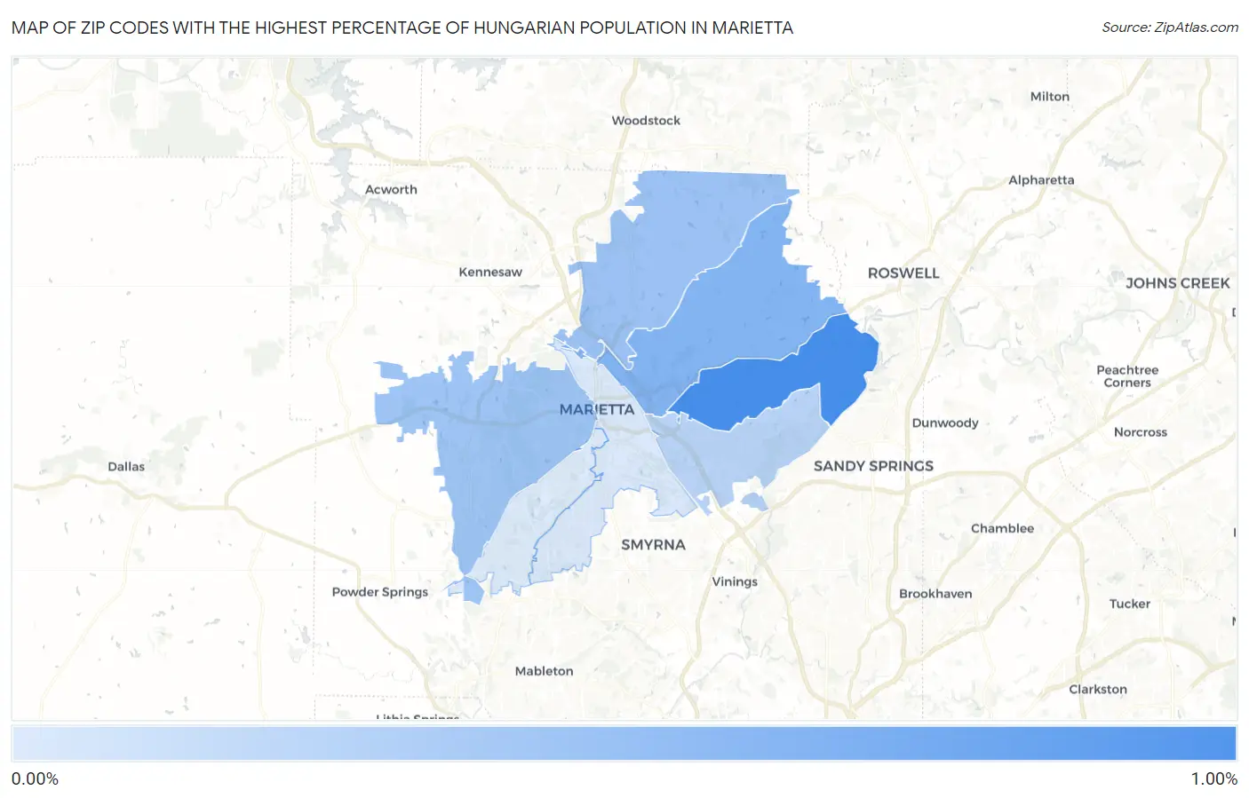 Zip Codes with the Highest Percentage of Hungarian Population in Marietta Map