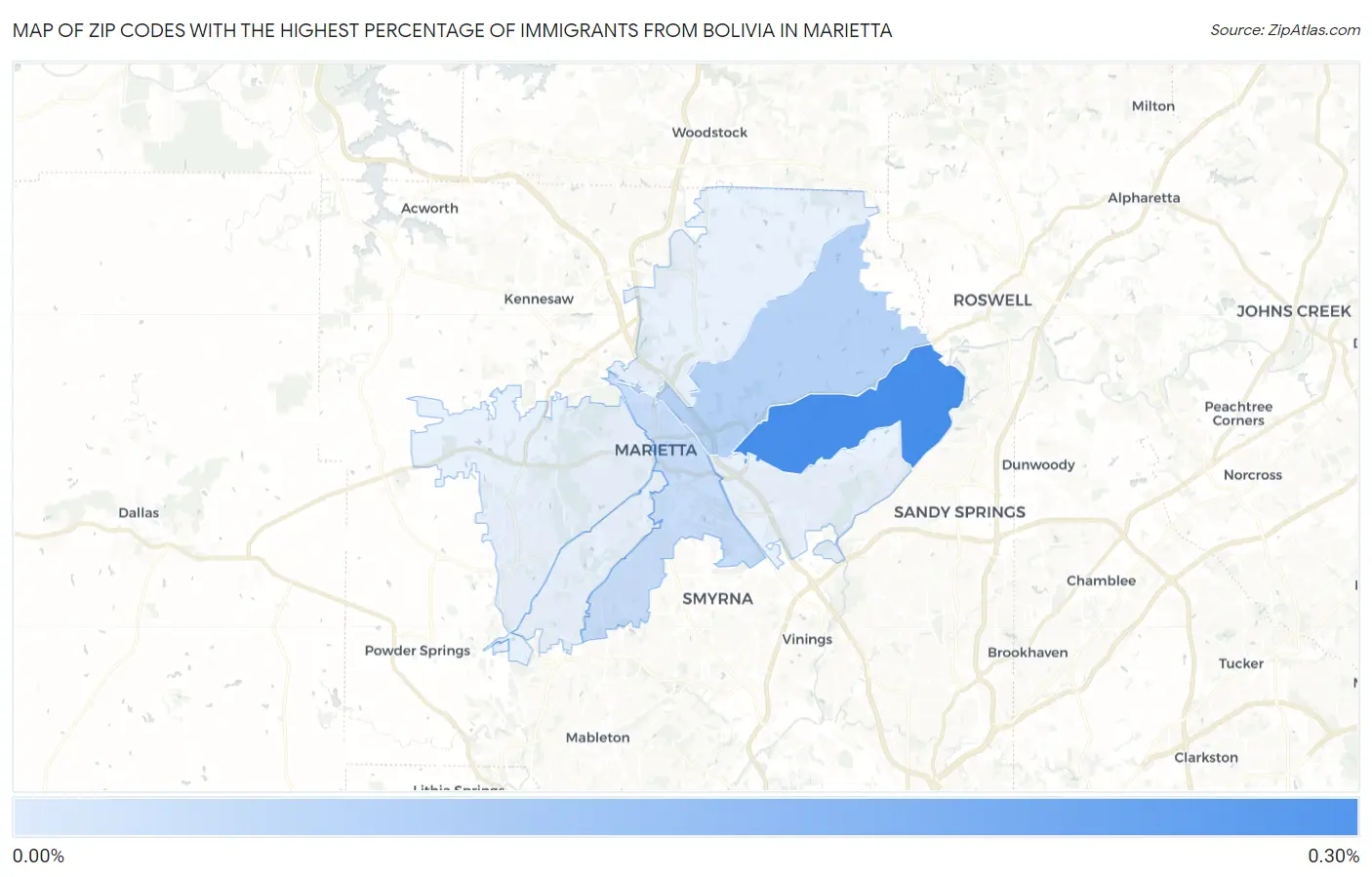 Zip Codes with the Highest Percentage of Immigrants from Bolivia in Marietta Map