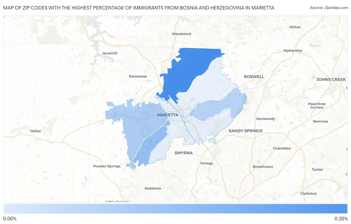 Zip Codes with the Highest Percentage of Immigrants from Bosnia and Herzegovina in Marietta Map