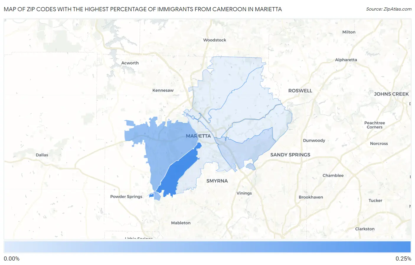 Zip Codes with the Highest Percentage of Immigrants from Cameroon in Marietta Map