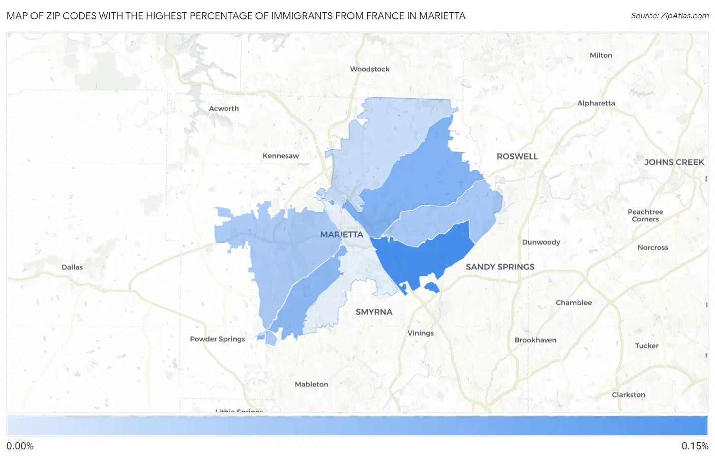 Zip Codes with the Highest Percentage of Immigrants from France in Marietta Map