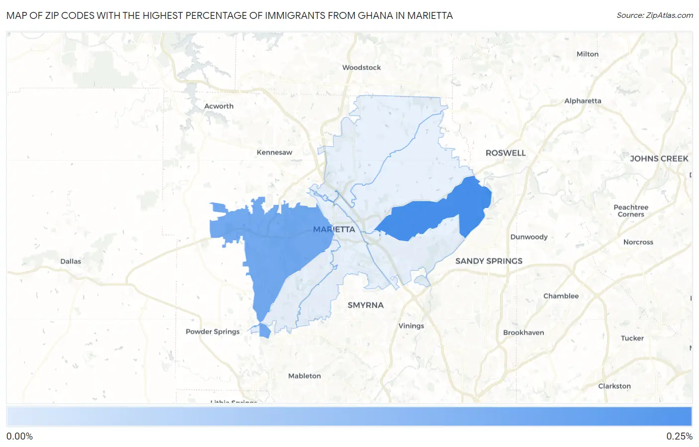 Zip Codes with the Highest Percentage of Immigrants from Ghana in Marietta Map