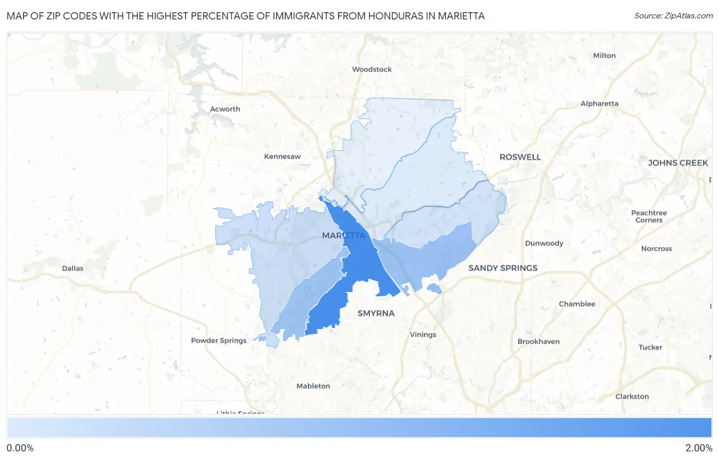Zip Codes with the Highest Percentage of Immigrants from Honduras in Marietta Map
