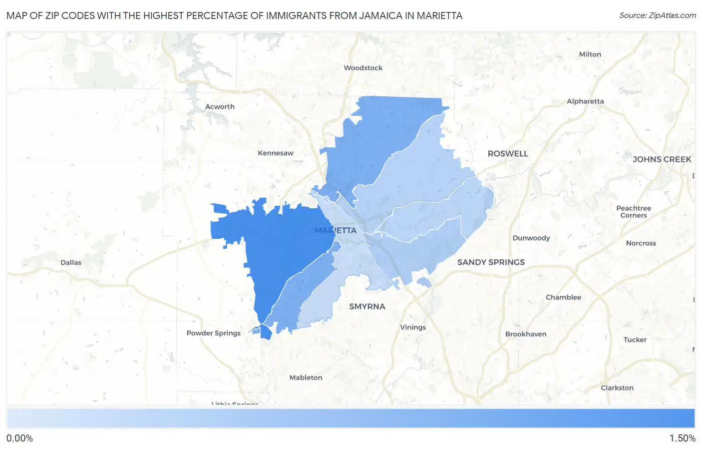 Zip Codes with the Highest Percentage of Immigrants from Jamaica in Marietta Map