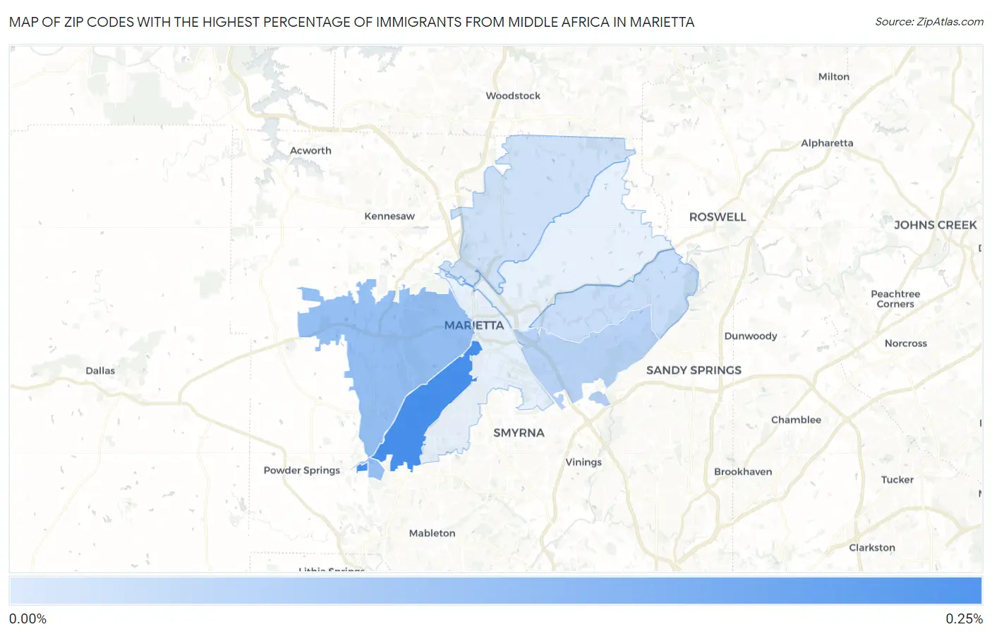 Zip Codes with the Highest Percentage of Immigrants from Middle Africa in Marietta Map