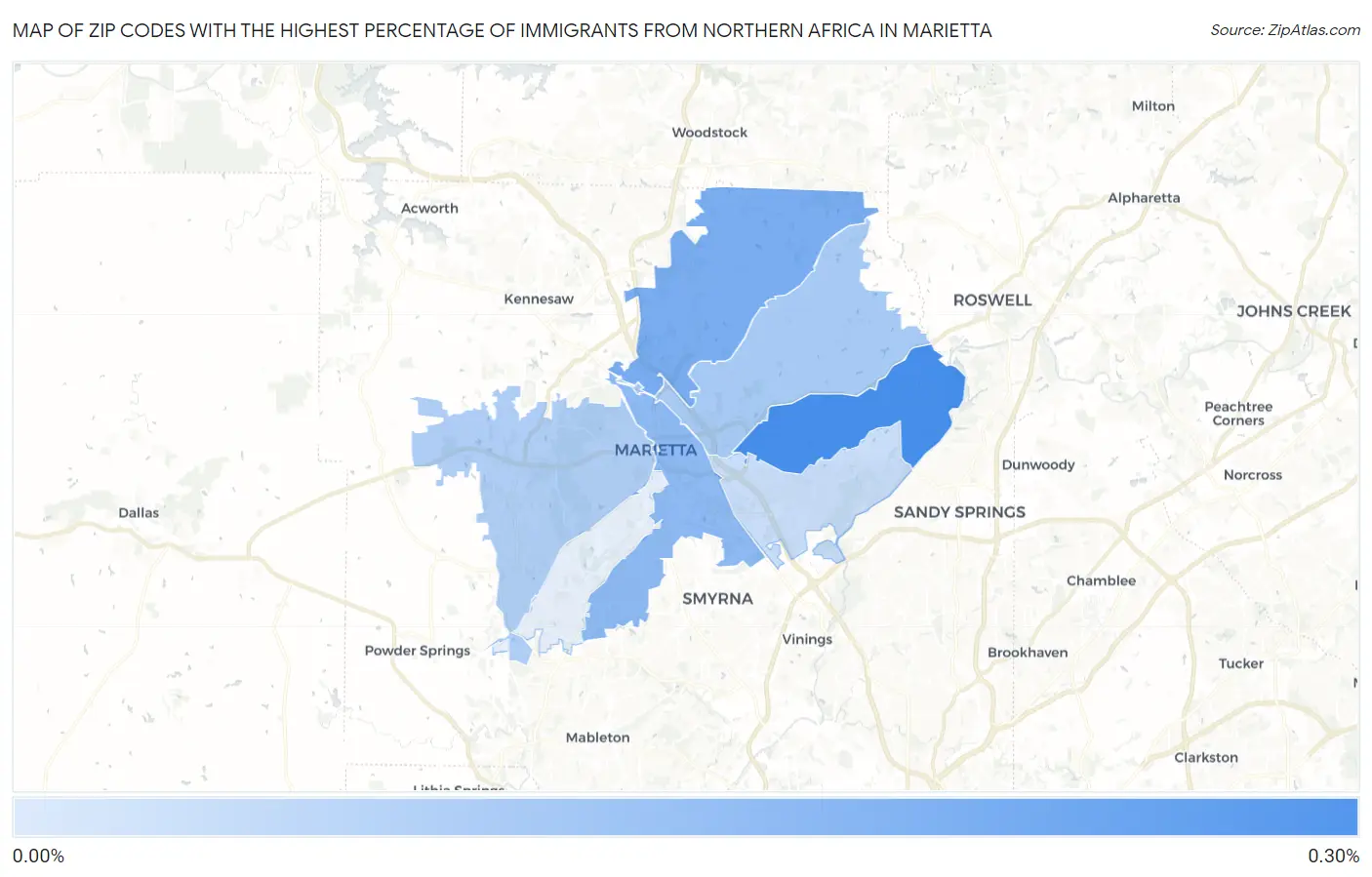 Zip Codes with the Highest Percentage of Immigrants from Northern Africa in Marietta Map