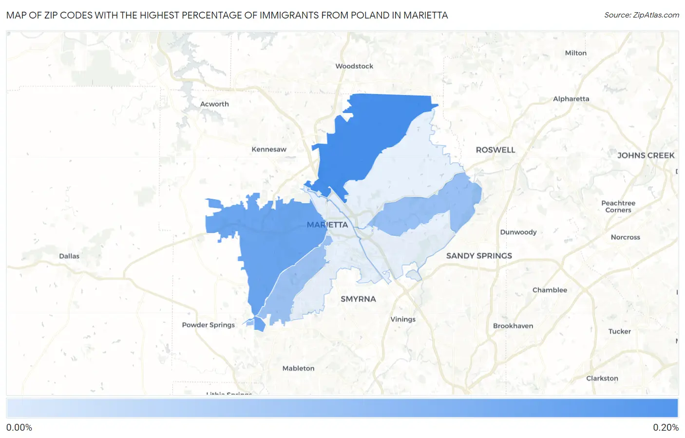 Zip Codes with the Highest Percentage of Immigrants from Poland in Marietta Map
