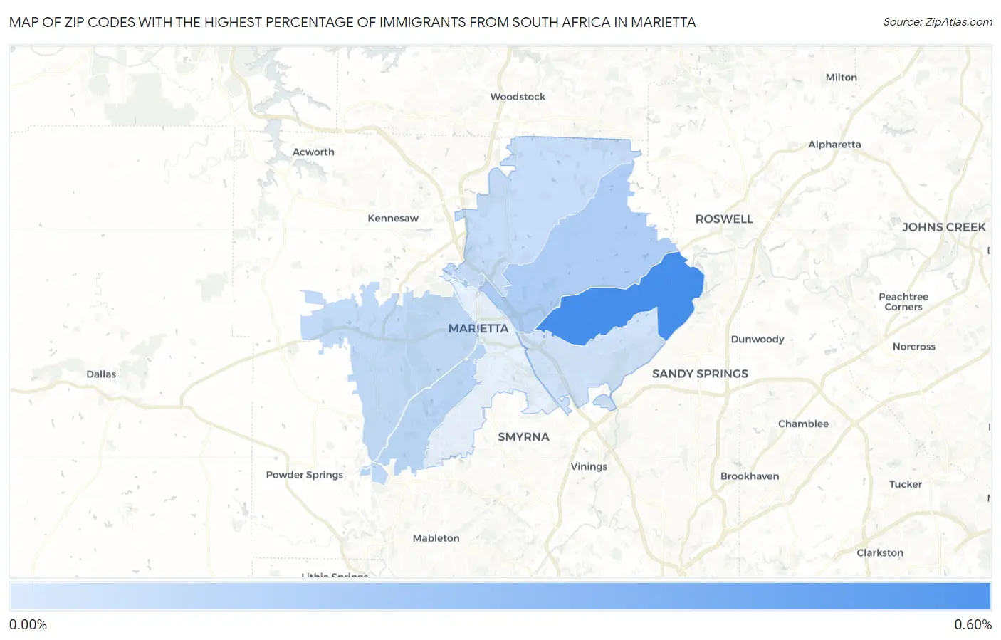 Zip Codes with the Highest Percentage of Immigrants from South Africa in Marietta Map