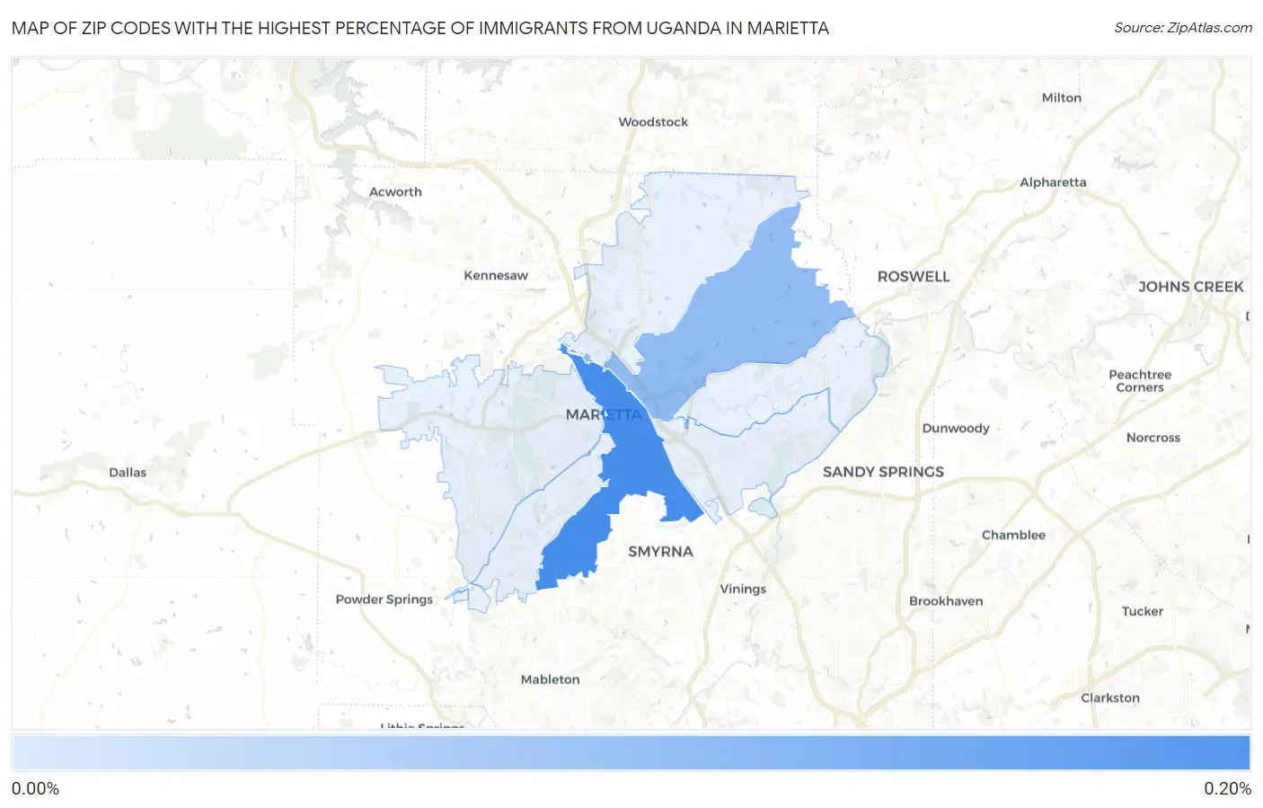 Zip Codes with the Highest Percentage of Immigrants from Uganda in Marietta Map