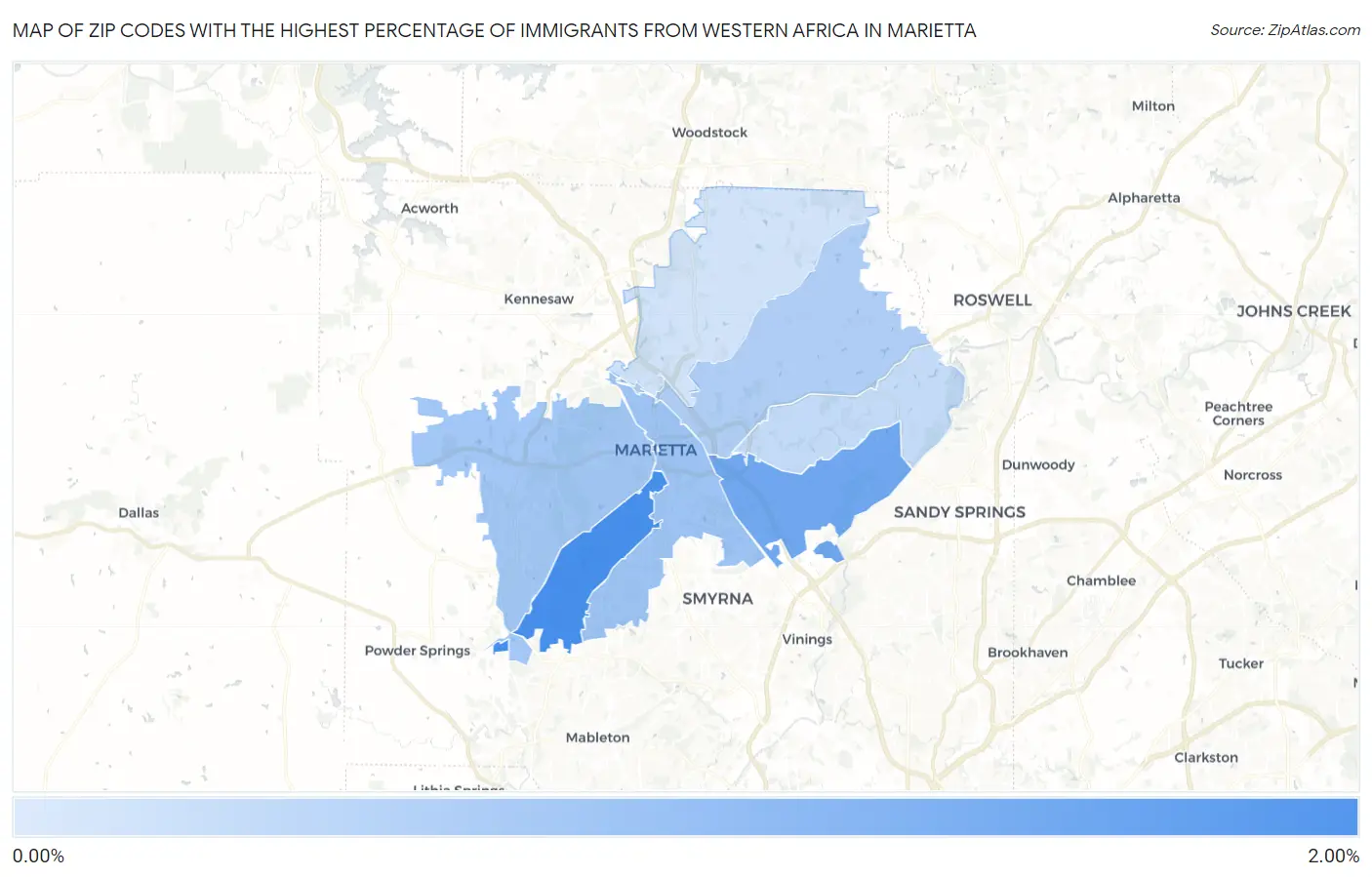 Zip Codes with the Highest Percentage of Immigrants from Western Africa in Marietta Map