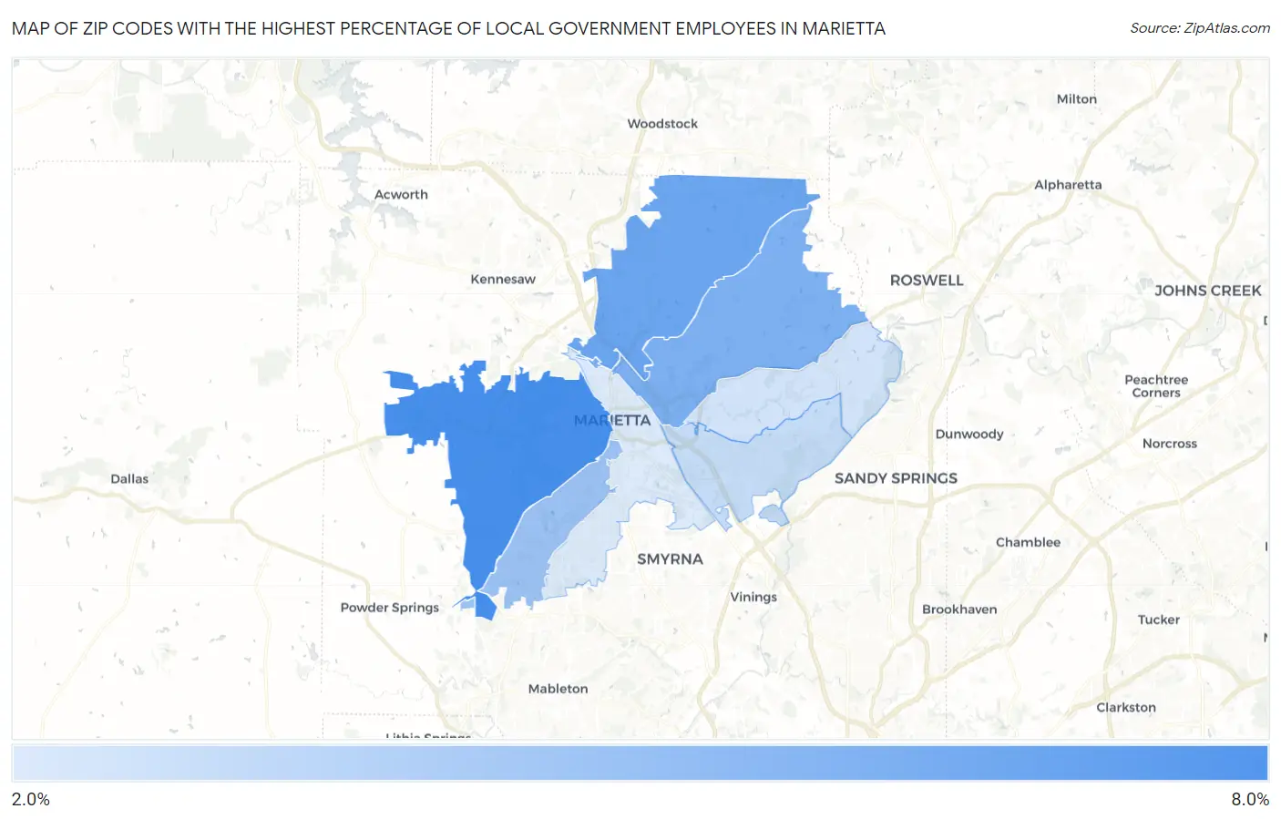 Zip Codes with the Highest Percentage of Local Government Employees in Marietta Map