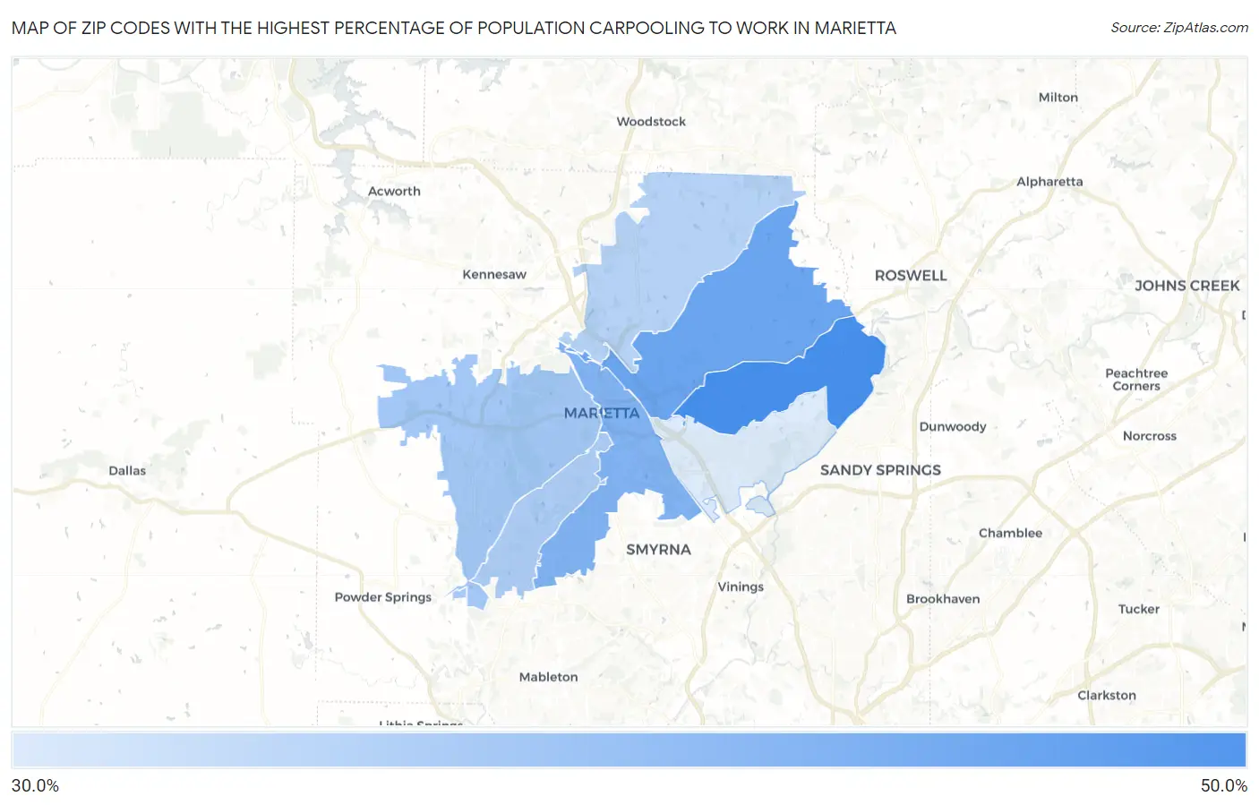 Zip Codes with the Highest Percentage of Population Carpooling to Work in Marietta Map