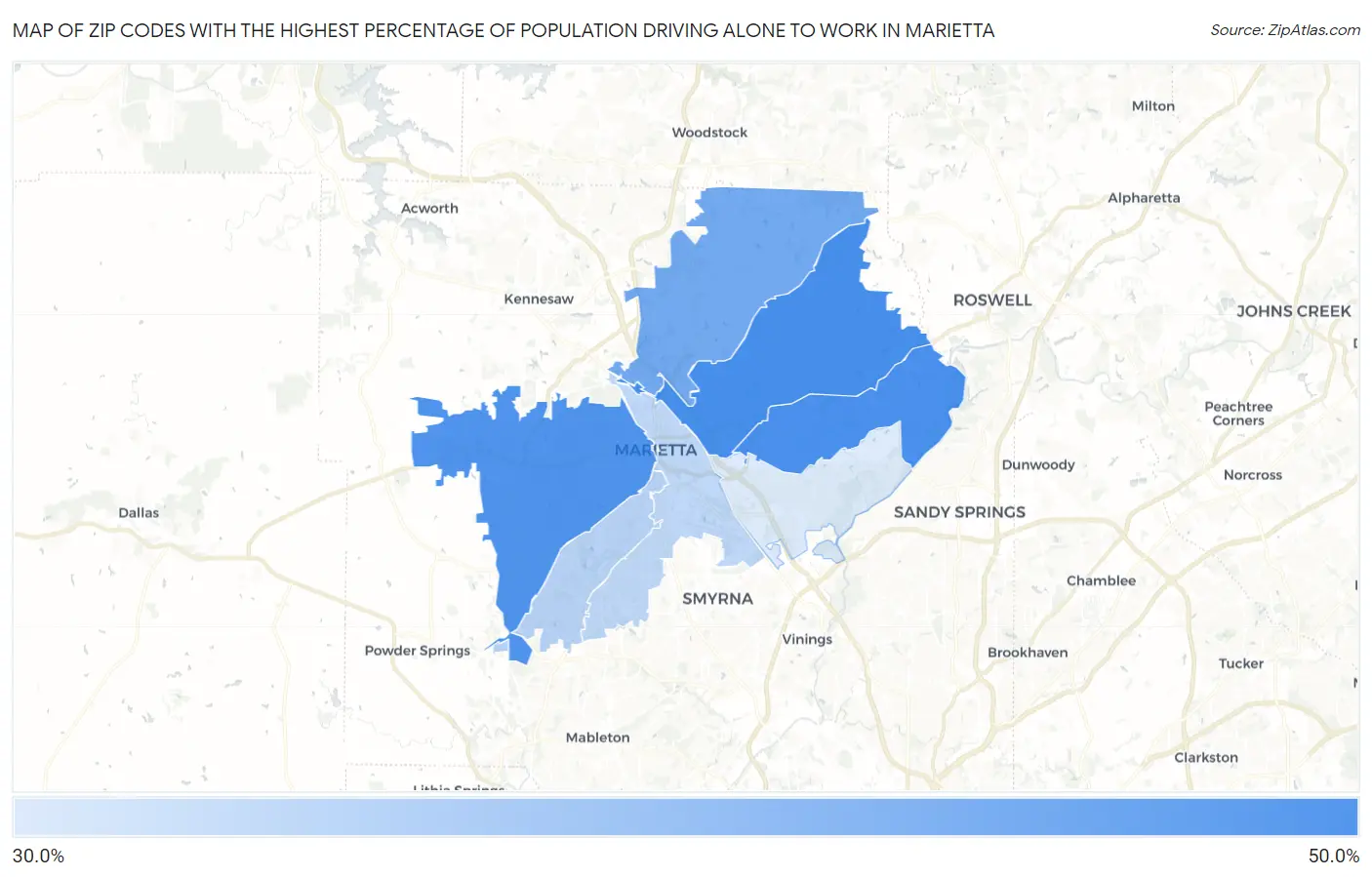 Zip Codes with the Highest Percentage of Population Driving Alone to Work in Marietta Map