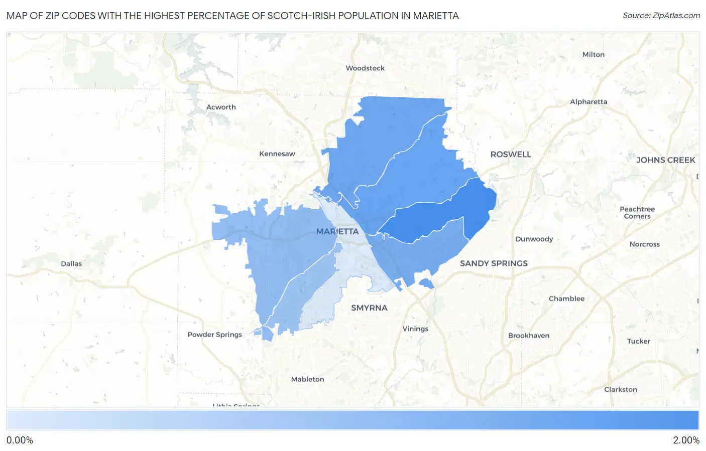 Zip Codes with the Highest Percentage of Scotch-Irish Population in Marietta Map