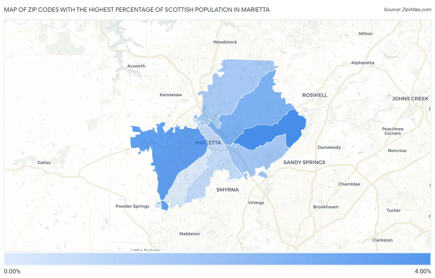 Zip Codes with the Highest Percentage of Scottish Population in Marietta Map